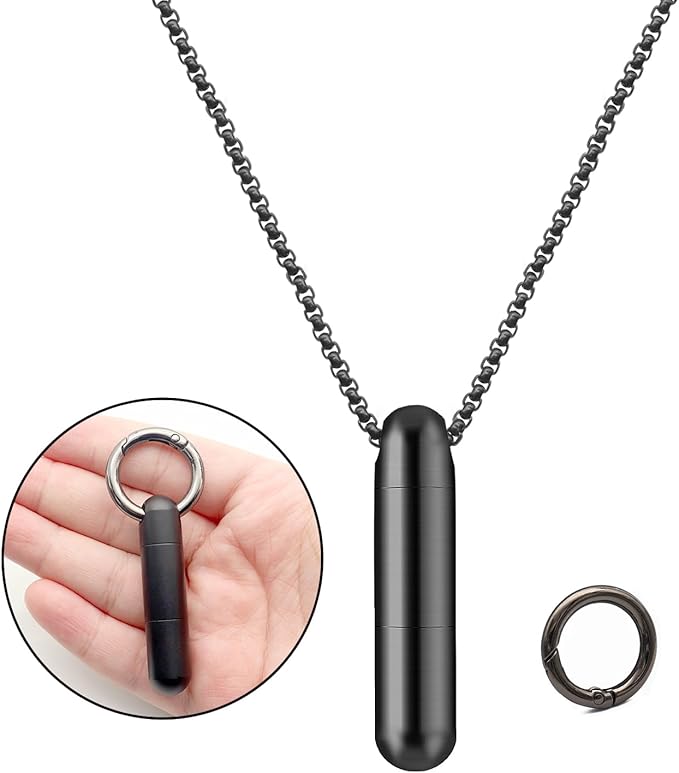 Extended Small Pill Box Necklace Black Titanium Mini Pill Case with Necklace Chain Tiny Pill Case for Men Waterproof Pill Holder Emergency Aspirin & Nitro Pill Container