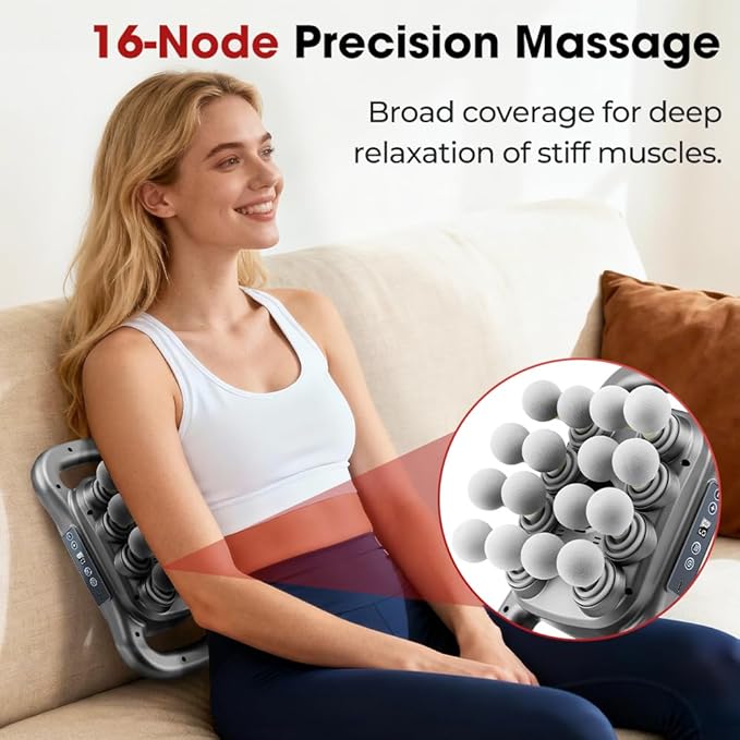 Back Massager for Relief Deep Tissue with Heat, 16 Heads Hands-Free Electric Back Massager, with 9 Modes & 9 Levels Deep Tissue Massage Gun for Pain Relief, Portable for Home & Office Use