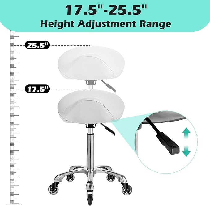 Ergonomic Saddle Stool with wheels - Upgraded Thicker Leather Seat Cushion, Healthy Posture Correction, Silky Smooth Gliding, Adjustable Rolling Saddle Stool Chair for Salon Medical Massage, White