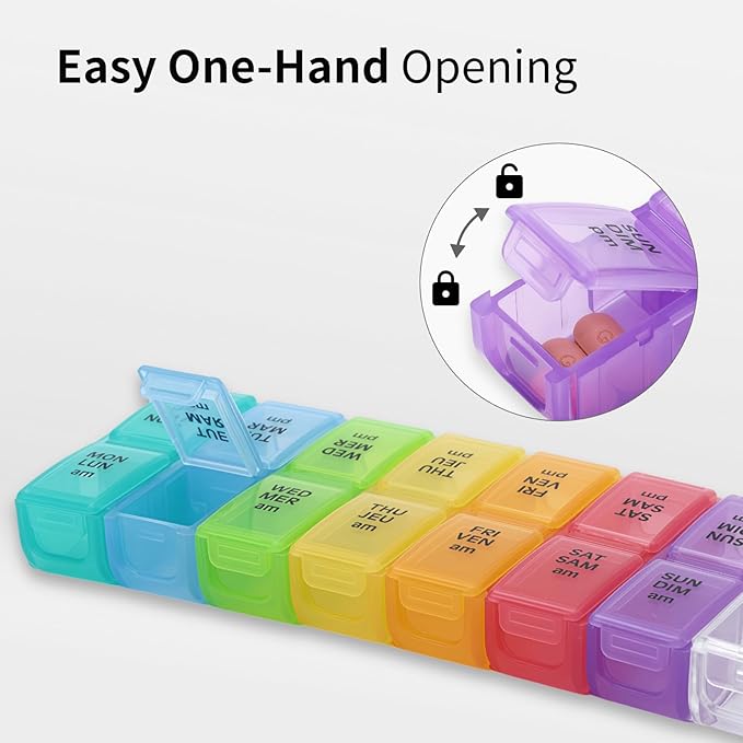 7-Day AM/PM Pill Organizer, Built-in Pill Cutter, Detachable Small Daily Pods, Portable Travel Case, Purse-Friendly, Rainbow Color