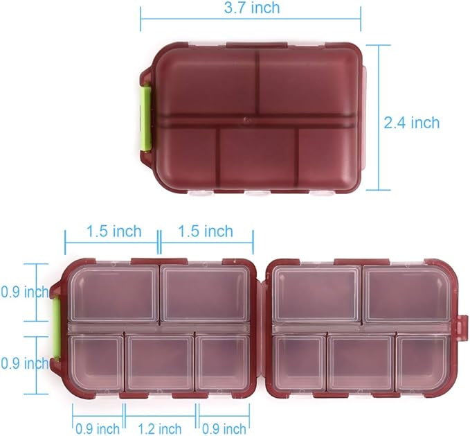 2PCS Travel Pill Organizer Box, Portable Pill Case, Pill Box Dispenser, with 10 Compartments for Different Medicines