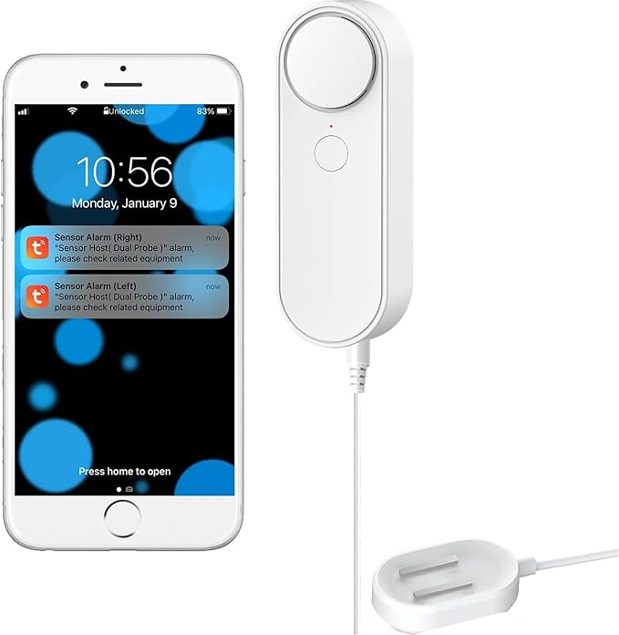 Multifunctional WiFi Water Leak Detector, 6.5ft Split Drip/Leak Detection Cable, Dual Interface, Expandable, Smart Leak Sensor Alarm, AAA Battery Powered, APP Monitoring, Over 5 Months Standby