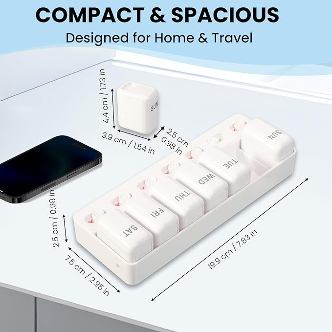 Weekly Pill Organizer with Taken/Untaken Tracker – Never Forget or Double-Dose Your Medication, Large Daily Compartments for Vitamins & Supplements, Vitamin, White
