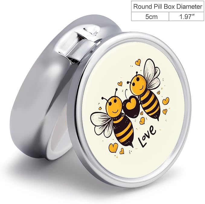 Bee Love Honey Pill Box Travel Pill Case for Purse Pocket Weekly Medicine Organizer with Mirror 3 Compartment Round Medicine Case Portable PillcaseHolder for Daily