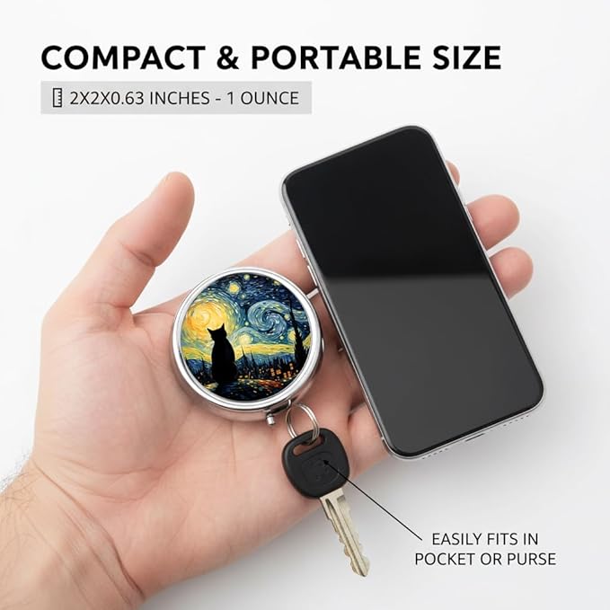 Starry Night Pill Box 3 Compartment Small Pill Case,Portable for Pocket or Purse Pill Organizer Pill Container Holder with Mirror to Hold Vitamins, Medication, Fish Oil and Supplements