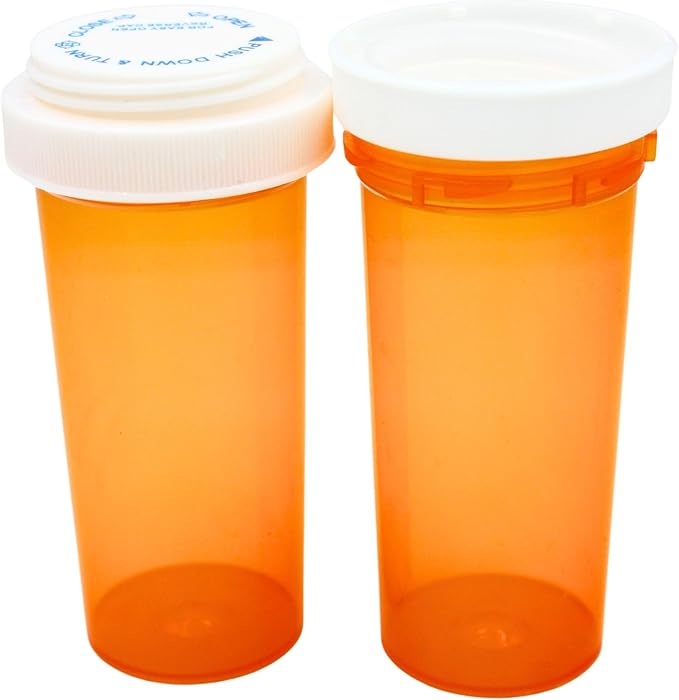 Five Star Supplies Plastic Pill Bottles - Reversible Cap Easy Open & Child Resistant - Pill Container Prescription Vial - Easy Open/Push N Turn (Amber, 30 DRAM 195 ct.)