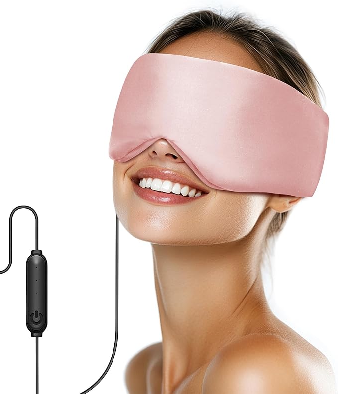 Silk Heated Eye Mask, USB Corded Electric Face Heating Pad for Sinus Pressure Relief, Warm Eye Compress for Dry Eyes, Stye and Tension Headache with 3 Temp Settings & 30-Min Auto Off, Champagne Pink