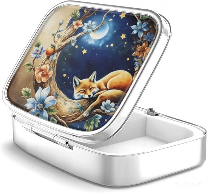WATASSA Pill Box with Animal Style Mirror All-in-One 2-Compartment Portable Medicine Organizer, Marble Pattern Travel Pill Case for Vitamins&Daily Medication(Fits Pocket/Purse) (Yellow Fox)