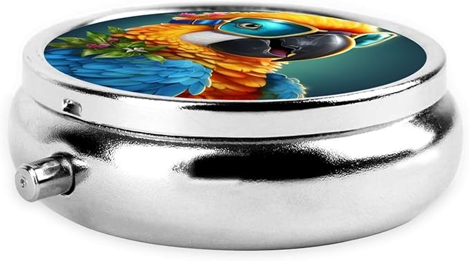 Watercolor PArrot Painting Pill Box 3 Compartment Pill Case, Portable Medicine Pill Organizer for Pocket Purse Pill Box Decorative Metal Medicine Vitamin Organizer