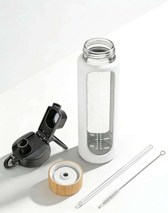 Nefeeko 32 oz Glass Water Bottles with Straw, Motivational Glass Water Bottle with Time Marker, 1 Liter BPA FREE Leakproof Reusable Glass Water Bottle with Silicone Sleeve, Bamboo Lid, Spout Lid