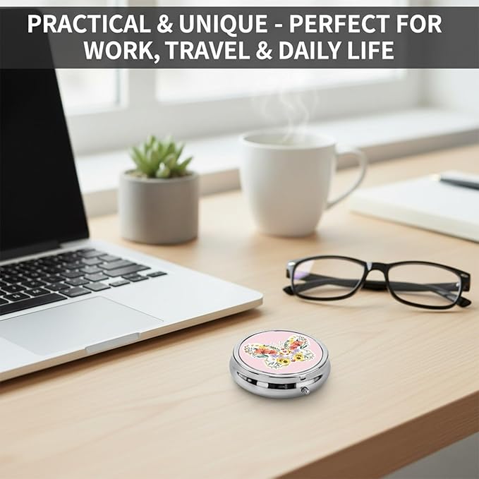 Round Pill Case Small Pill Box with Mirror Pocket 3 Compartment Vitamin Pill Medicine Case Organizer Pill Containers for Traveling Butterfly Flower Sunflower