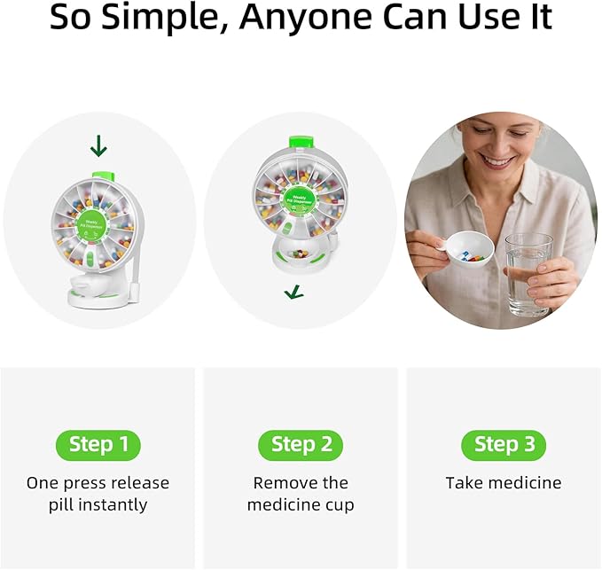 JULOS Daily Pill Organizer with One-Press Button for Elderly, Large 14 Compartment with Cup, Wall Mounted or Countertop Medicine Dispenser, Easy Pill Holder for Medicine, Vitamin or Supplements, Green