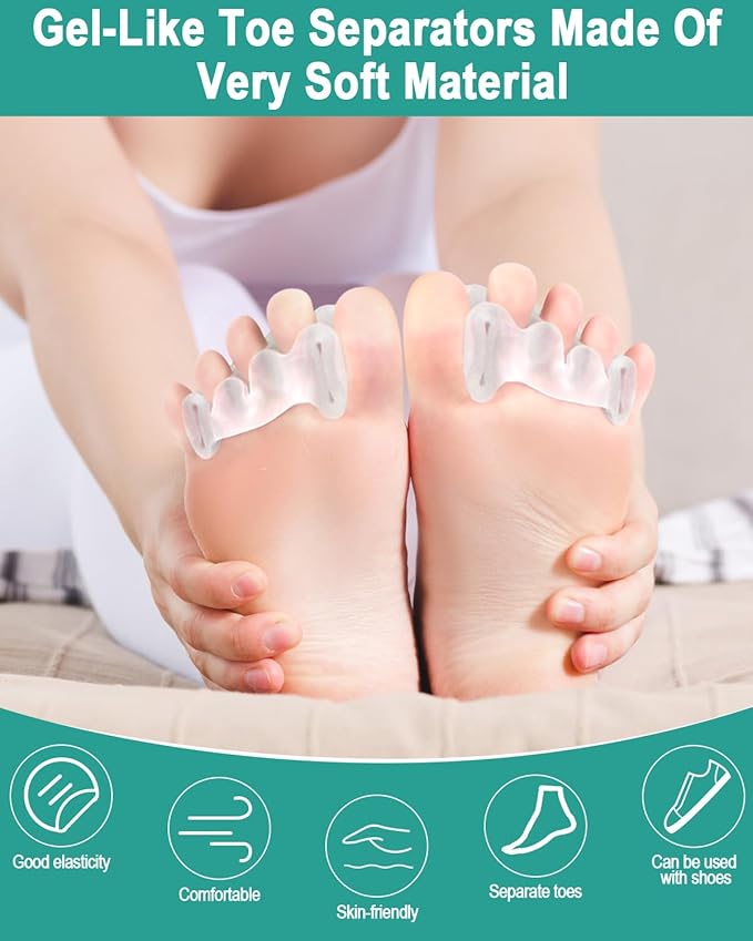 2Pairs Toe Spacers Silicone Gel Toe Separators Correct Women Men Bunion Toes, Soft Toe Spreaders, Hammer Toes Corrector, Big Toe Straightener for Plantar Fasciitis, Foot Relief(Clear)