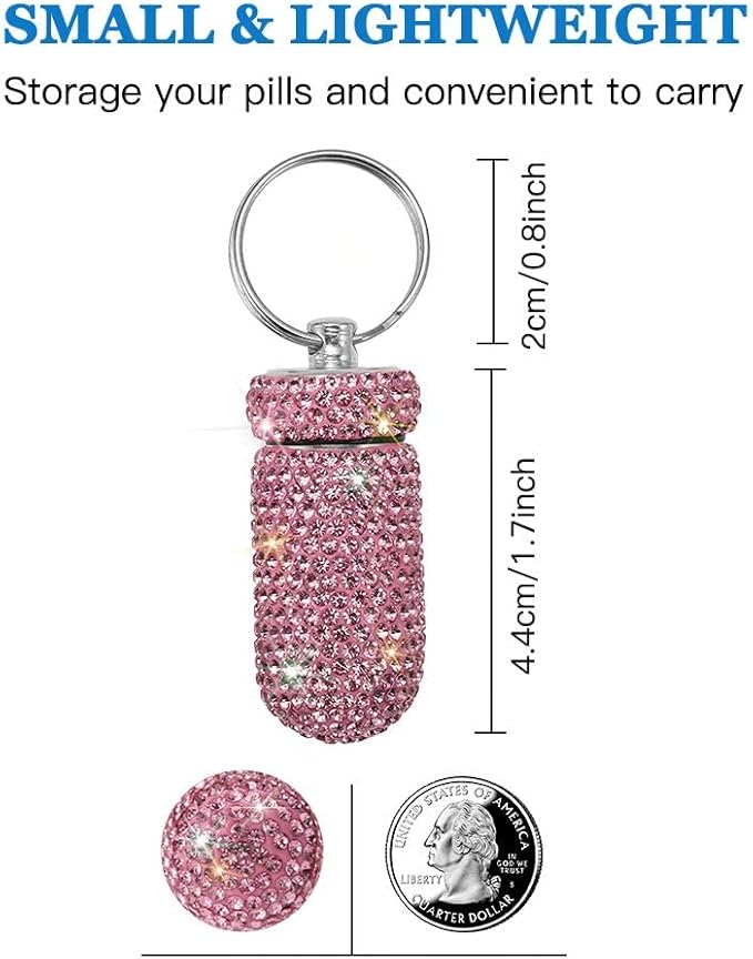 Portable Pill Case Pill Container Waterproof Pill Holder with Keychain Bling Pill Box Medicine Dispenser Bottle Storage for Outdoor Camping Travel (Pink)