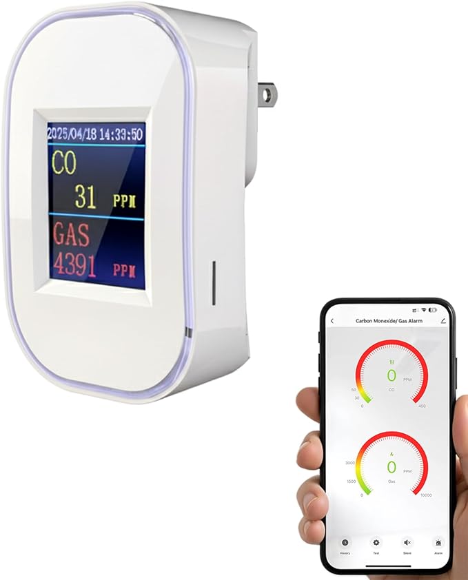 WiFi Carbon Monoxide & Natural Gas Detector Plug-in, 2-in-1 Gas and Carbon Monoxide Detector, Smart CO Detector Plug in & Combustible Gas Leak Detector for Home, RV, Kitchen – Supports 2.4 GHz WiFi