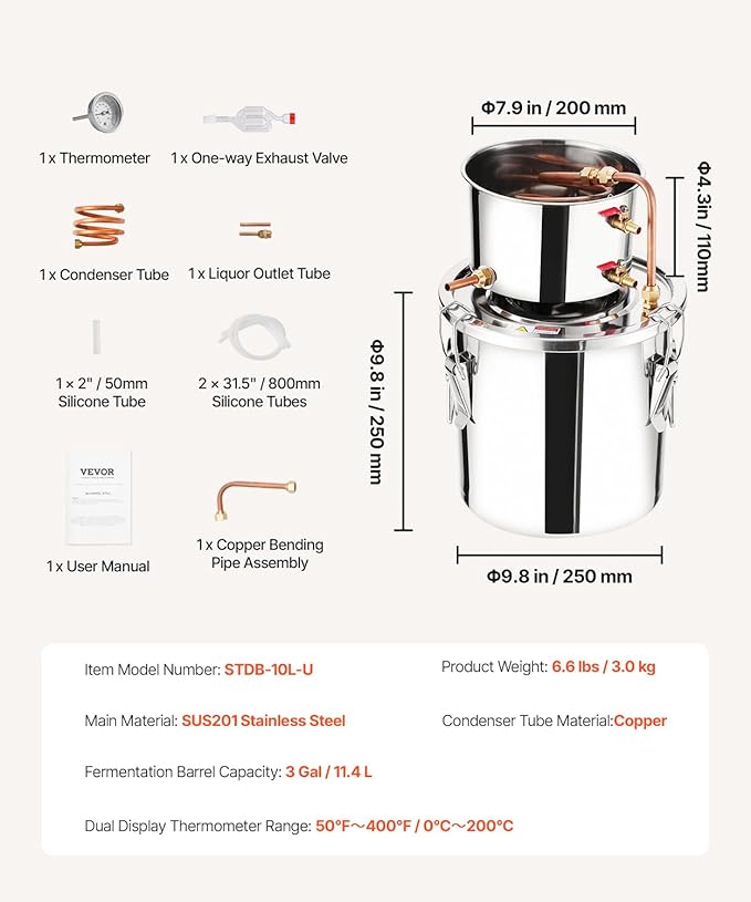 VEVOR Alcohol Still, 3 Gal / 11.4 L Stainless Steel Water Alcohol Distiller with Copper Coil, Home Brewing Refining Fermentation Kit with Thermometer, for Wine Whisky Brandy, Silver
