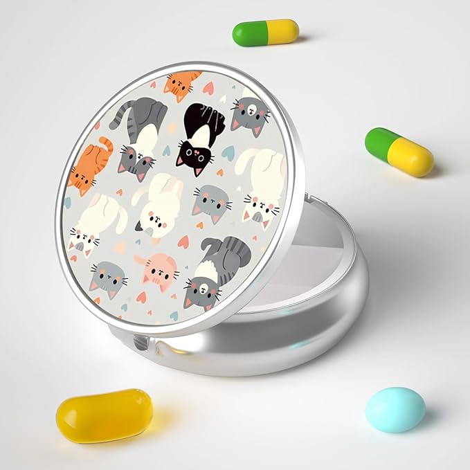 Pill Box, 3 Compartment Portable Travel Medicine Box with Mirror, Compact and Cute, Fits in Purse and Pocket, Medicine and Vitamin Organizer (Cat Family)