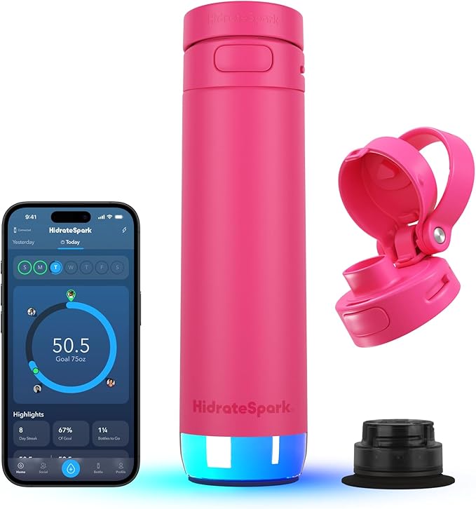 HidrateSpark PRO 2 21oz Bundle – Smart Hydration Bottle with Clinically Accurate Water Tracking & Extended Batter Life - Syncs with Apple Health, Fitbit, Smart Rings & Watches - Flamingo