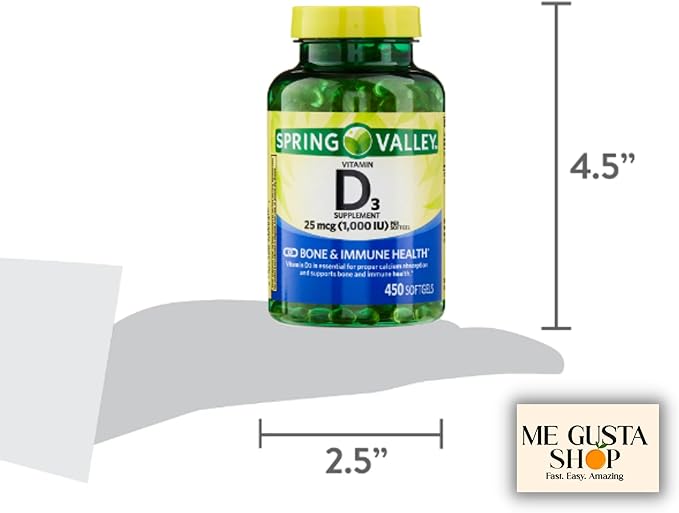 Vitamin D3 25mcg, 1,000 IU, 450 Count Softgels Spring Valley Bundle with Pill Organizer and Me Gustas Sticker Pack of 02