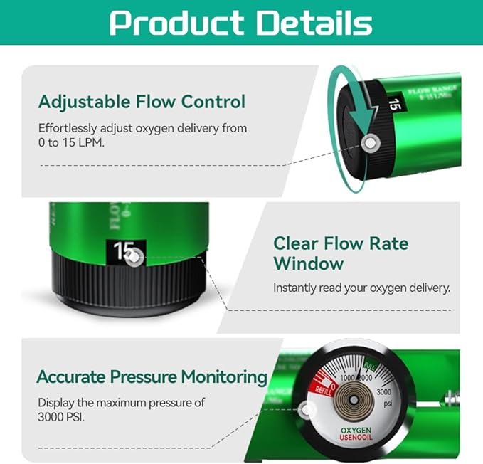 Oxygen Regulator for Oxygen Cylinder CGA870 Connection, Adjustable Flow 0-15 LPM, Portable Oxygen Tank Regulator Brass Sleeve Design (6)