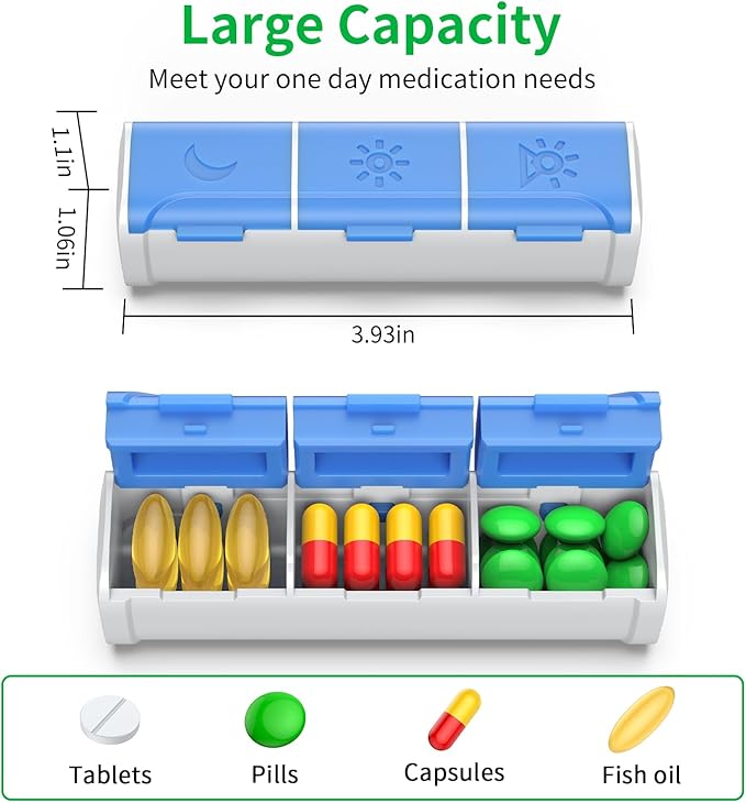 Pill Organizer 3 Times a Day, (3 Pack) Small Pill Box, Daily Pill Organizer, Moisture Proof Travel Pill Case for Pocket Purse, Portable Medicine Box to Hold Vitamins, Fish Oils, Supplements