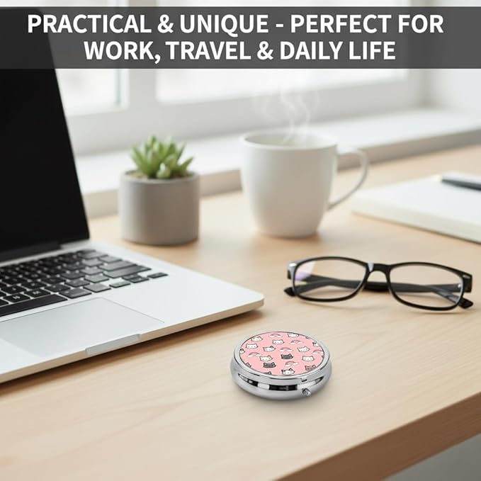 Cartoon Cat Pill Box 3 Compartment Small Pill Case,Portable for Pocket or Purse Pill Organizer Pill Container Holder with Mirror to Hold Vitamins, Medication, Fish Oil and Supplements