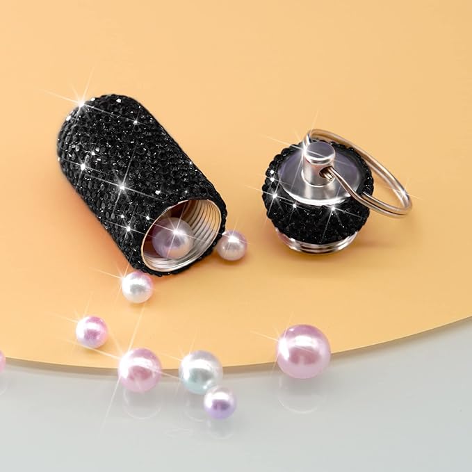 Yuchew Bling Pill Case Pill Container Rhinestone Pill Box Portable Waterproof Pocket Pill Holder Storage Bottle with Keychain for Travel, Outdoor, Camping (Black)