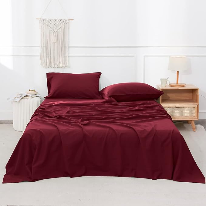 Simple&Opulence Belgian Linen Sheet Set Solid Color - 4 Pieces (1 Flat Sheet, 1 Fitted Sheet & 2 Pillowcases) Natural Flax Cotton Blend Soft Breathable Farmhouse Bedding - Queen Size, Burgundy Red