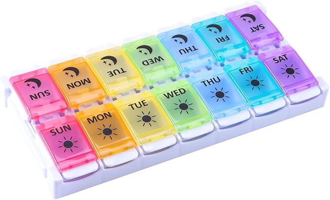 Extra Large Weekly AM/PM Pill Organizer with Spring Open Design,7-Day Medicine Box with Push Button, Pill Planner with Rainbow Colores lids,Portable Pill Case and Large Compartment for Travel.