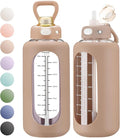 SIEROZUR 64 oz Glass Water Bottle with Straw and Handle Half Gallon Large Water Bottle with Silicone Sleeve and Time Marker Sports Water Jug Wide Mouth for Travel Gym