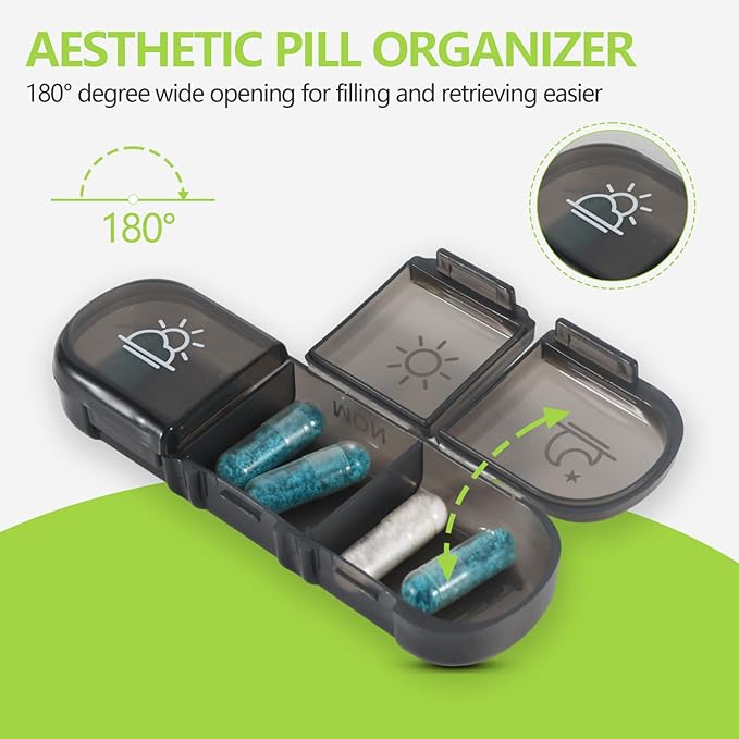 Aesthetic Pill Organizer/Pill Cases Organizers 7 Day with Date&Morning-Noon-Night Compartments,Black Privacy Protection Pill Organizer Aesthetic,2PCS