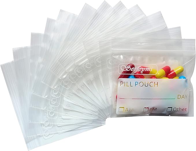 Serfeymi Pill Bags for Travel Pill Pouch Organizer Pack of 540 BPA Free 3 x 2.75 inch Reusable Pill Pouches for Medicine with Write on Label & Zipper Seal Waterproof AM PM Pill Baggies for Supplements