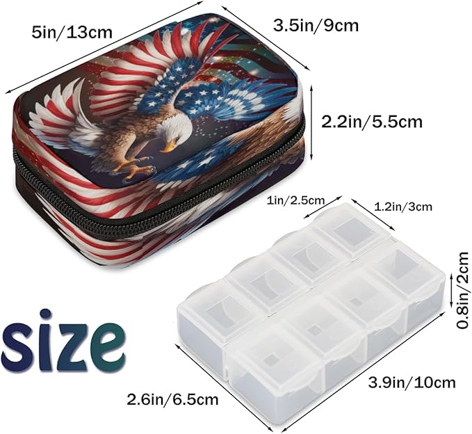 American Flag Memorial Independence Day Travel Pill Organizer Box Weekly Portable Pill Case Daily Pills 7 Day Small Birth Control Pills Container Removable Compartments for Medicine Vitamins Fish Oil