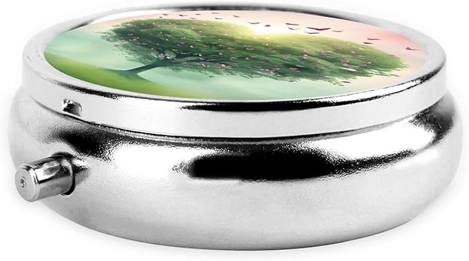 Heart Shaped Tree Butterfly Birds Pill Box 3 Compartment Pill Case, Portable Medicine Pill Organizer for Pocket Purse Pill Box Decorative Metal Medicine Vitamin Organizer