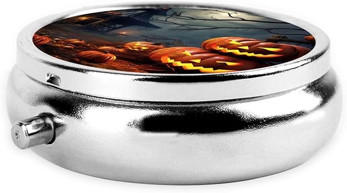 Pumpkins Lanterns Party Print Pill Box 3 Compartment Small Pill Case Portable Pill Box for Pocket Or Purse Cute Medicine Organizer Holder to Hold Vitamins Medication