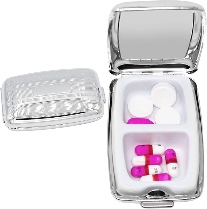 Set of 2 Etched Rectangular Pocket Purse Pill Box & Organizer with Dual Compartments (Lined - Engravable)