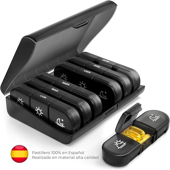 Weekly Pill Box 3 Takes 100% in Spanish – COLOR: BLACK | 7 Individual Pill Boxes for Each Day in Spanish with 21 Compartments (3 Daily Shots) | Travel Pill Organizer | Nexum Market
