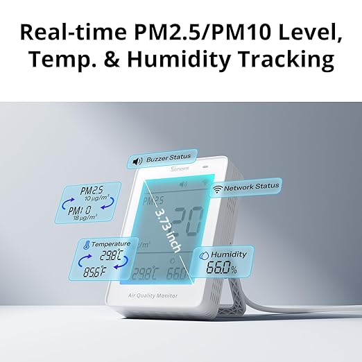 SONOFF Smart Indoor Air Quality Monitor with PM2.5, PM10, Temperature & Humidity Sensor, Real-Time Display & Alarm, Matter-Compatible, 2.4GHz WiFi, 3.73-inch Screen, for Bedroom, Nusery Room