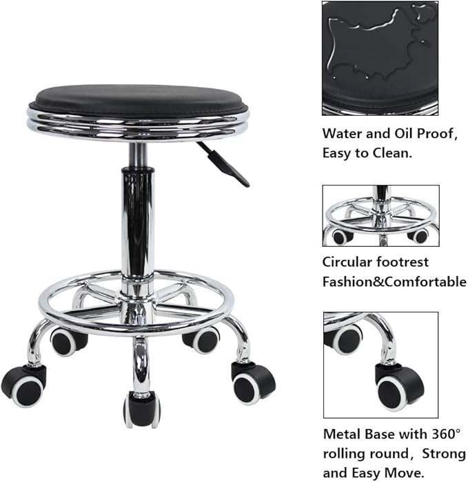 KKTONER Round Rolling Stool with Foot Rest PU Leather Height Adjustment Modern Industrial Metal Style Swivel Spa Salon Tattoo Work Massage Stools Small (Black)
