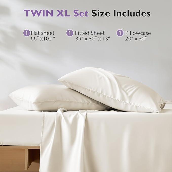 Silver Infused Bed Sheets Set, Cooling Bamboo Viscose Sheets Self-Cleaning with Silk, Softness Breathable Temperature-Regulating Bedding, Odor Control Freshness Sleep for Hot Sleepers - Twinxl Set