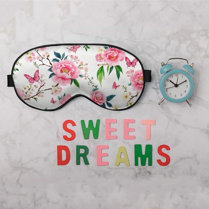 Pink Cherry Eye Mask Sleeping Mask Flower Peony Plum Branches Flying Butterflies Sleep Masks Silky Soft Eye Cover for Women Men Shading Blindfold for Air Travel Sleeping