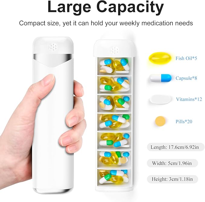 White&Silver 7-Day Portable Travel Pill Box - Daily Pill Organizer with 7 Compartments for Medicine, Fish Oil, Vitamins