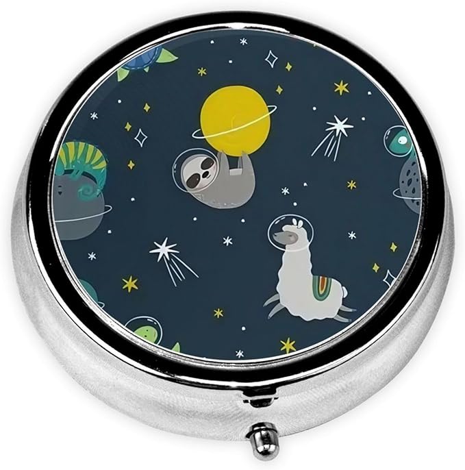 Metal Silver 3 Compartment Pill Box Pocket Portable Mini Travel Pill Case Small Round Decorative Medicine Box Vitamin Pill Organizer with Animal Planet