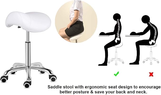 Kaleurrier Saddle Stool Rolling Swivel Height Adjustable with Wheels,Heavy Duty Saddle Chair,Ergonomic Stool Chair for Hair Salon Lab Clinic Dental Massage Home Office Kitchen (White, Without Back)