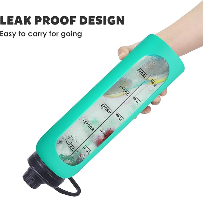 GIEMIT Glass Water Bottles 32oz with Silicone Sleeve Drinking Hydration Bottles Reusable Borosilicate Wide Mouth Motivational Water Flask Canteen with Time Marker Spout Lid and Brush (Green - 32 oz)