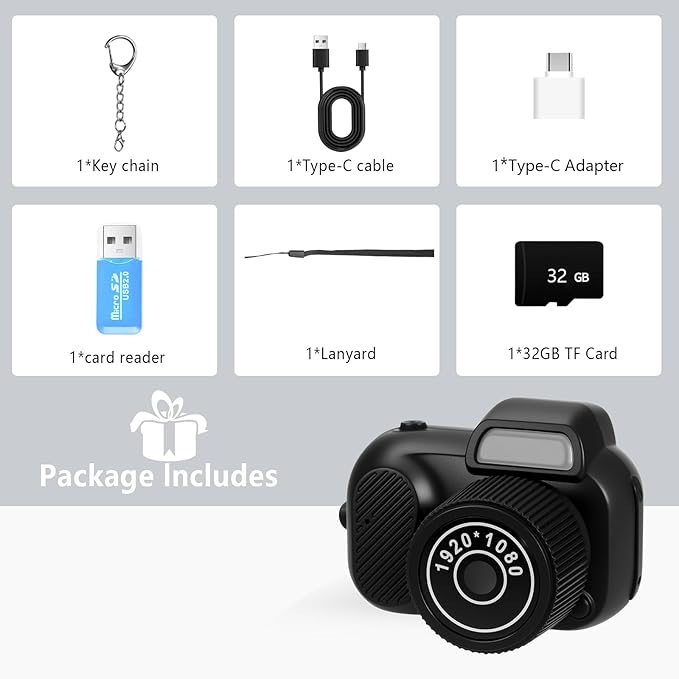 Mini Keychain Camera, FHD 1080p 8MP Cute Mini Digital Camera with 32GB SD Card, 8 Creative Filters, 0.96" HD Display, 100 Mins Battery Life for Decorate Travel Recording Gifts (Retro, Black)