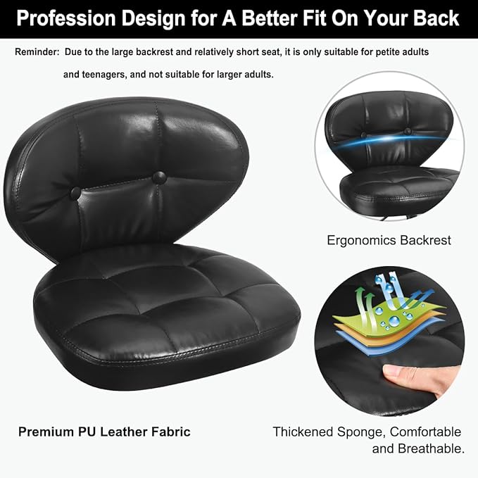 JOSTZHXIN Home Rolling Stool, PU Leather Rolling Chair with Back, Height Adjustable Swivel Chair for Teen Petite Adults,Black