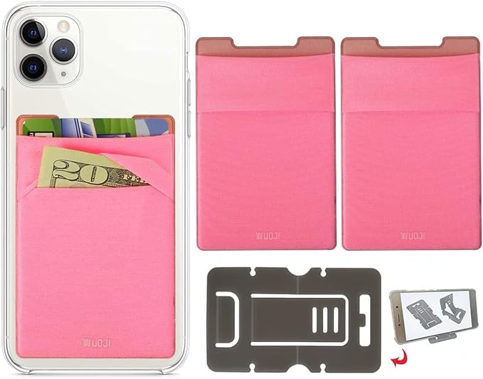 RFID Blocking Phone Card Wallet - Double Secure Pocket - Ultra-Slim Self Adhesive Credit Card Holder Card Sleeves Phone Wallet Sticker All Smartphones (Pink)-2PC