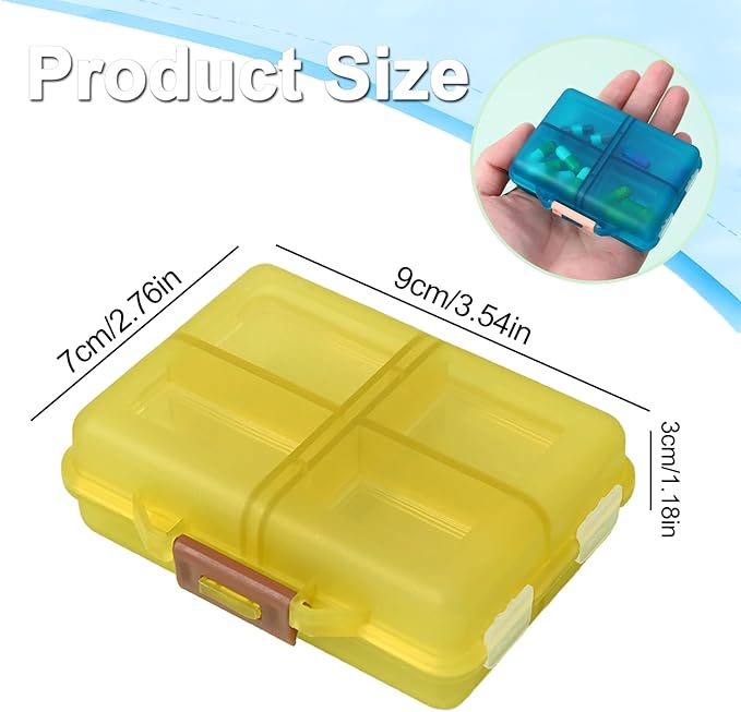 Travel Pill Organizer, Moisture Proof Daily Medicine Dispenser Box, Small Weekly Vitamin Case for Supplement, Fish Oil, Meds, Pocket Pharmacy Cute Capsule Container 8 Compartments, Yellow