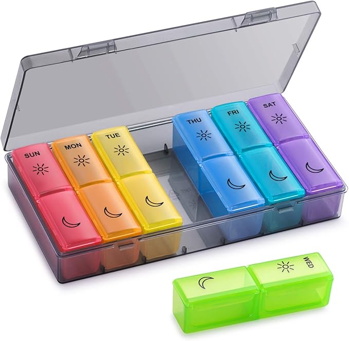 BUG HULL Pill Organizer 2 Times a Day, Large Weekly Pill Box AM PM, 7 Day Pill Case, Day and Night Vitamin Containers for Vitamins, Pill Holder for Supplements